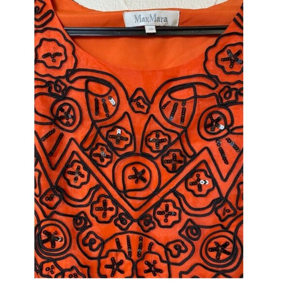 Max Mara Party Dress Orange w/ Black Piping & Sequins. S 38. Craftsmanship! - Picture 3 of 9